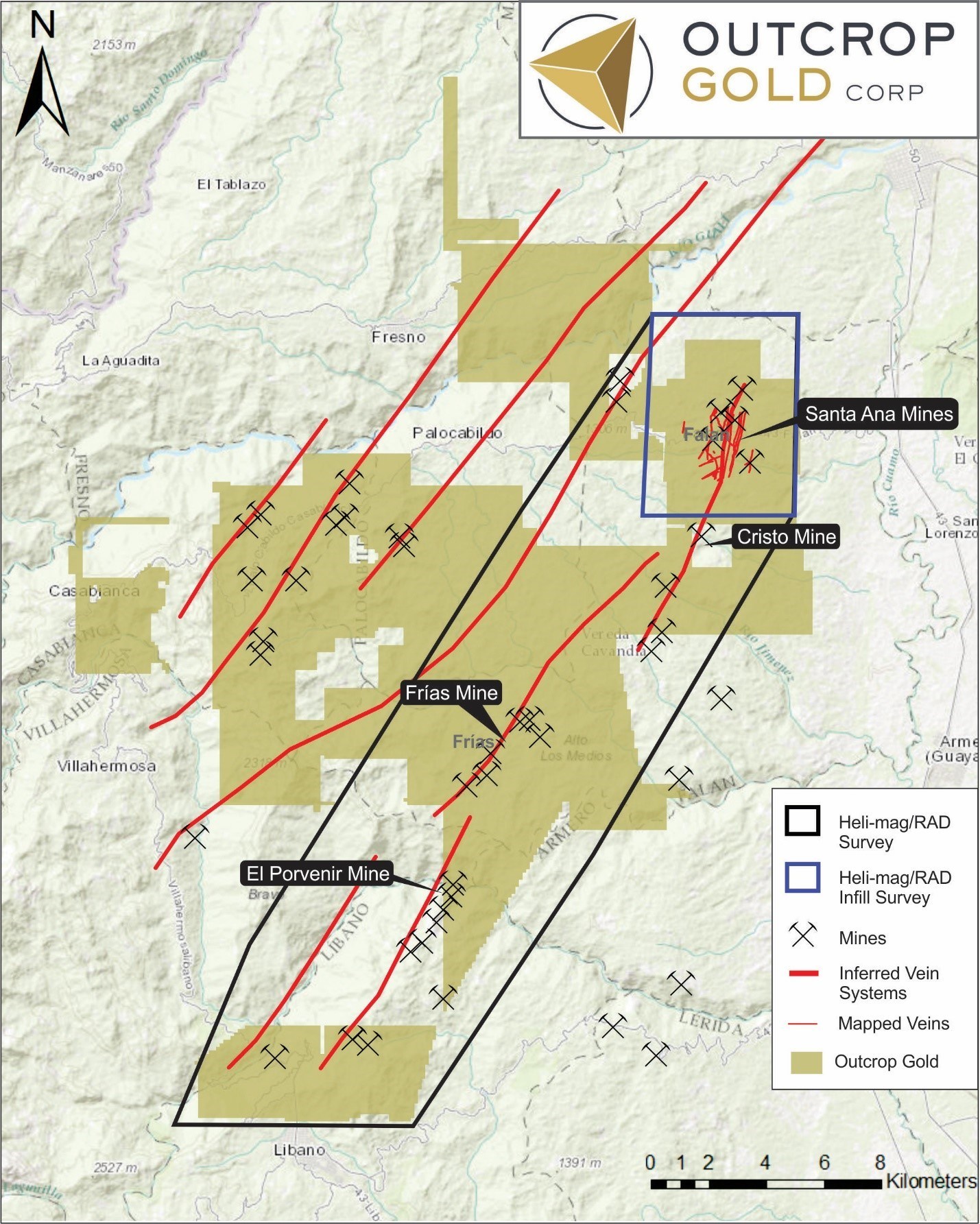 Map 5:  Planned airborne magnetics, radiometrics and lidar surveys to begin advancing targets on district scale acquisition at Santa Ana. The airborne survey is expected to increase known cummulative vein traces from 14 kilometres around the historic Santa Ana Mines to more than 75 kilometres between the Santa Ana and El Porventir mines. (CNW Group/Outcrop Gold Corp.)