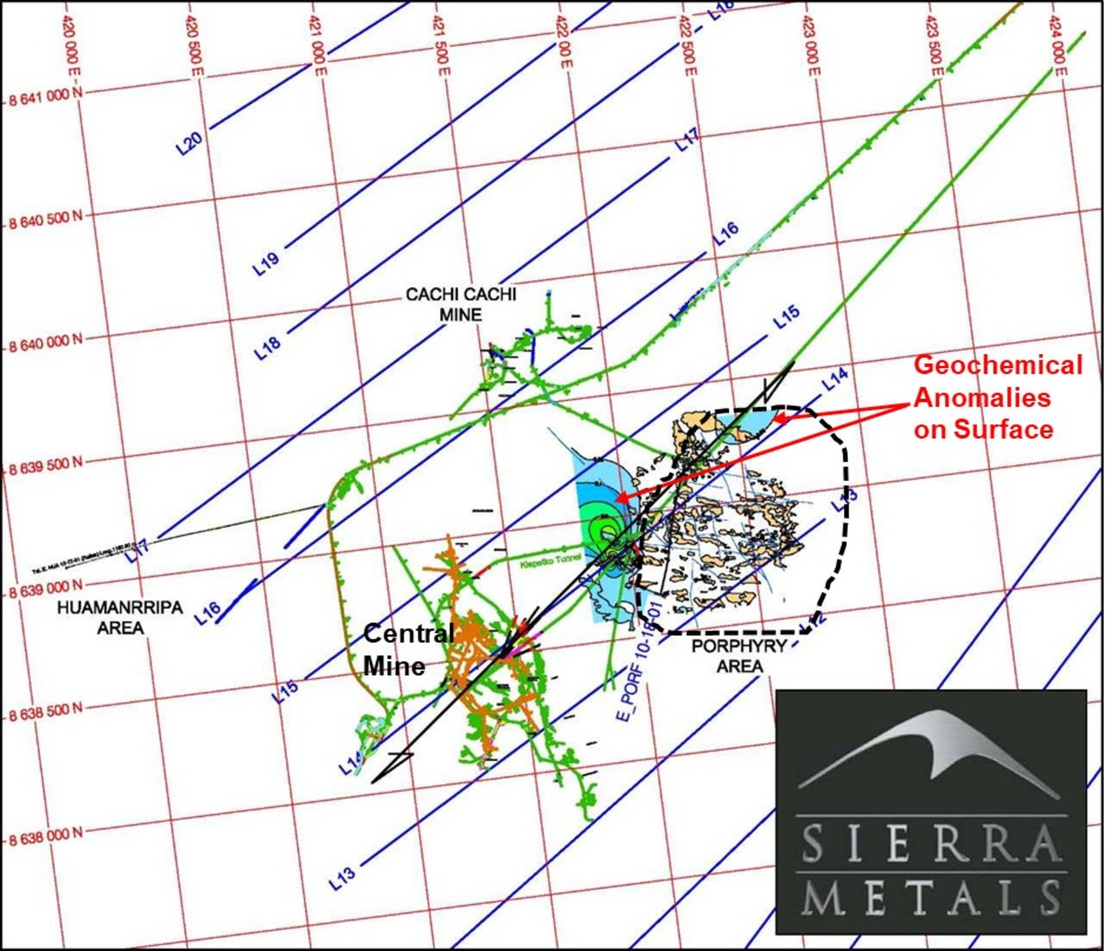 Figure 5 - Map of Yauricocha area-  plan view showing location of geophysical lines, existing underground mining infrastructure and porphyry area.