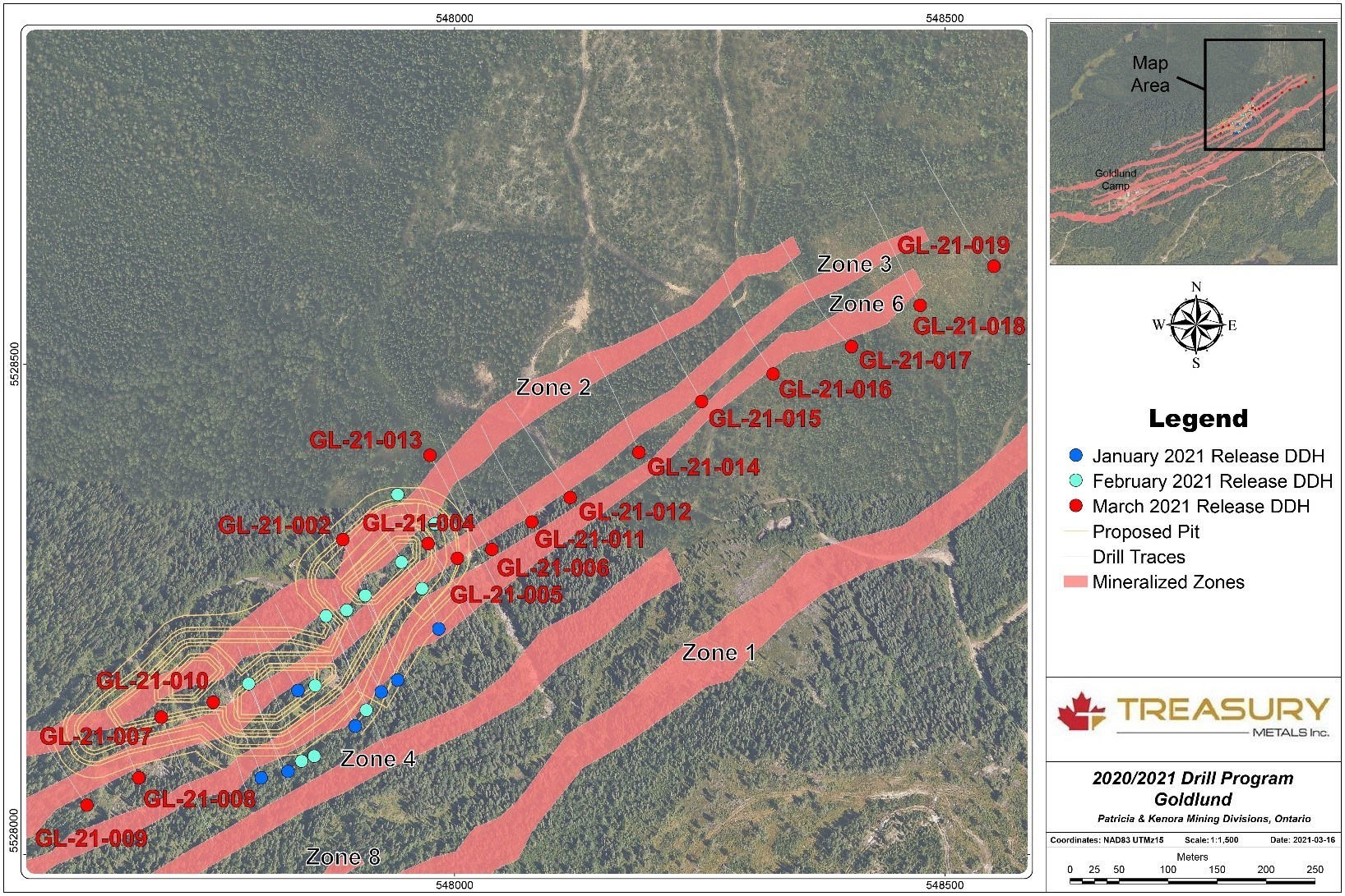 Figure 2: Goldlund 2020/2021 Phase 1 Drill Collar Locations, North East pit Location (CNW Group/Treasury Metals Inc.)