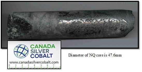 High-grade silver mineralization over approximate 5-7 cm true width in original discovery hole CA-11-08 grading 40,944 g/t Ag (1,194 oz/ton) over a core length of 0.45m (Gold Bullion Development Press Release August 25, 2011). (CNW Group/Canada Silver Cobalt Works Inc.)