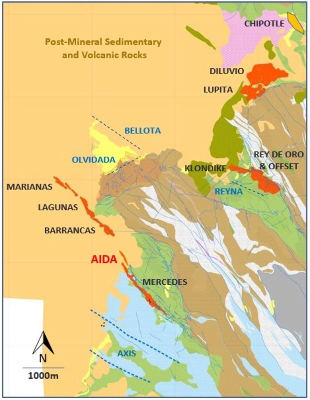 Figure 2 - Mercedes Regional Geology and target areas