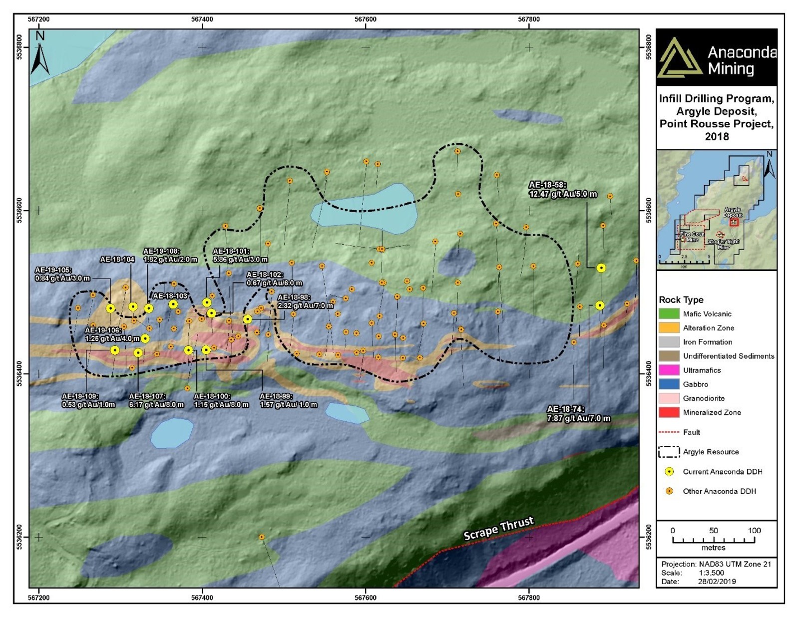 Exhibit B. A geological map of the Argyle Deposit showing the areas of infill drilling including holes AE-18-98 to AE-19-109.