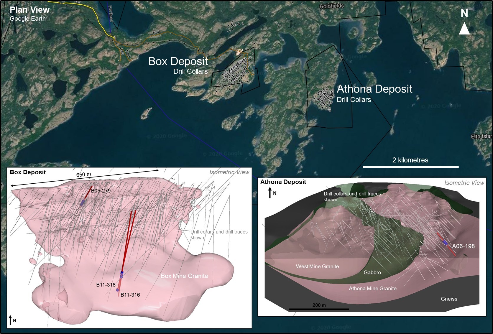 Figure 3: Location map for drill core resampling program. Drill core resampling locations for gold assay and geochmical samples (blue) are shown along historical drill traces (red). Note that the geological models shown are provisional and are currently in development. (CNW Group/Fortune Bay Corp.)