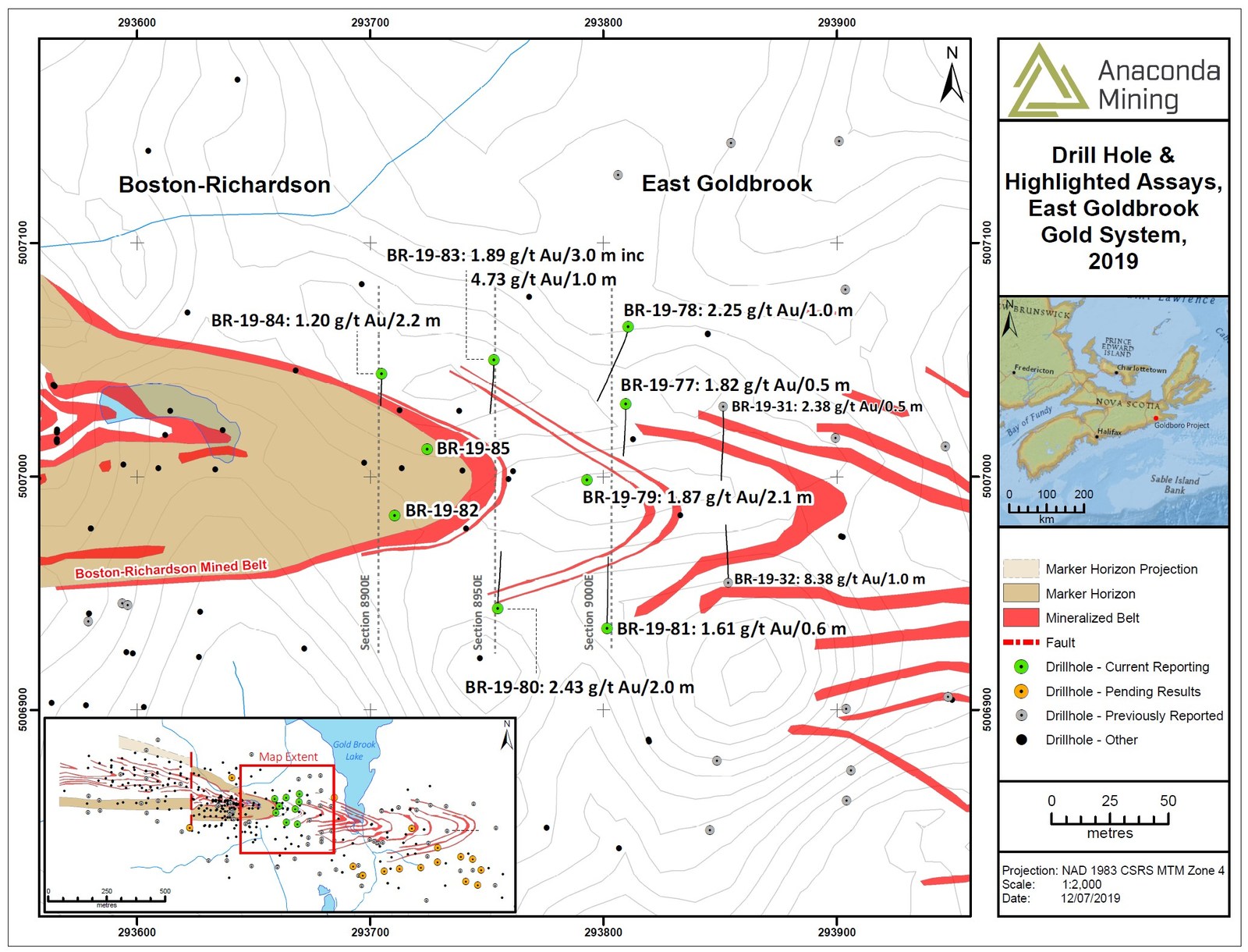 Exhibit A. A map showing the location of drill holes from the Drill Program designed to test shallow portions of the EG Gold System where mineralization was not previously modelled and adjacent to a potential open pit currently under evaluation as part of a feasibility study. The inset map shows the location of the Drill Program in relation to the rest of the Goldboro Deposit.