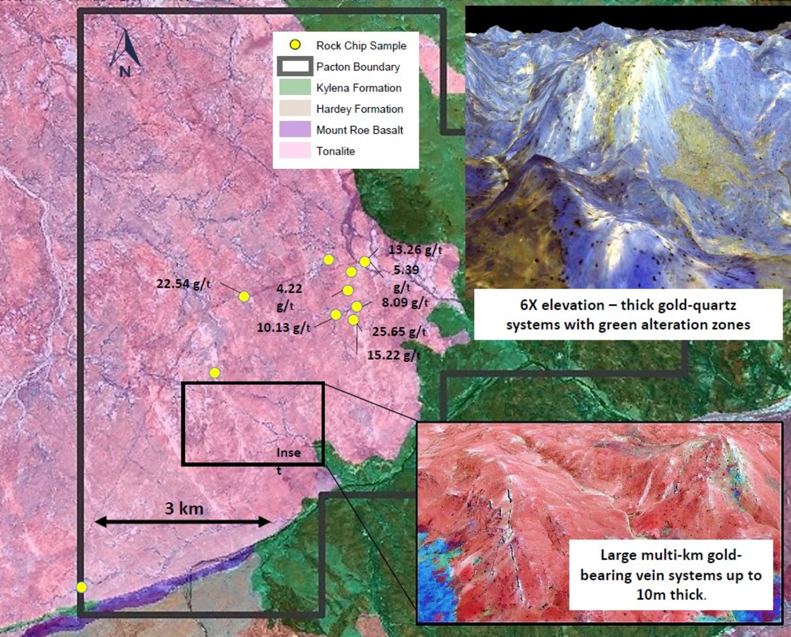 Figure 2. Fortescue Group Kylena and Mount Roe formations overlap the older Archean pink tonalite pluton. The tonalite is intruded by a massive system of gold-bearing quartz veins. The 3D insets show the influence of the resistant quartz veins in controlling the topography. The entire pluton contains obvious, greenish alteration zones that suggest less resistant quartz stockworks.