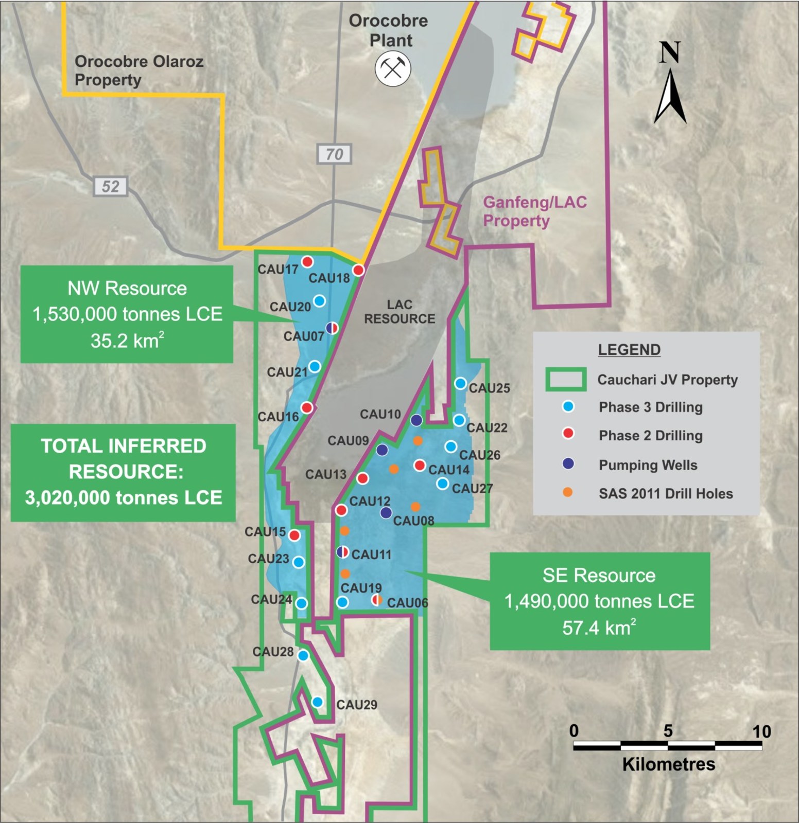 Figure 1: Location of drill holes mentioned in this release, showing the inferred resource area