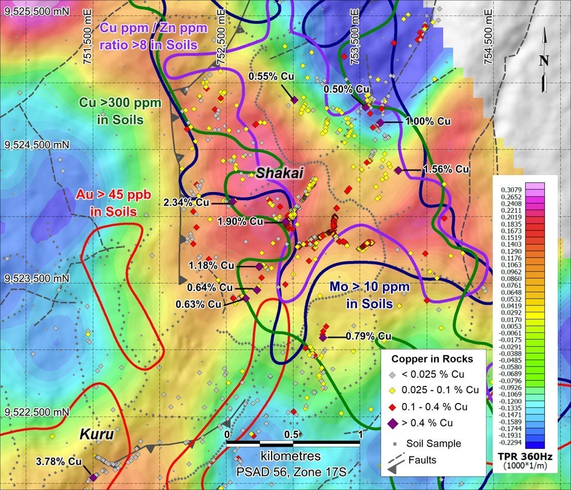 Figure 4. Surface rock geochemistry with ZTEM and structural interpretation as background. (CNW Group/Luminex Resources Corp.)