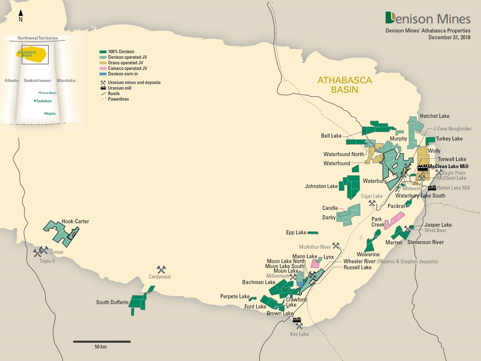 Figure 1: Location map of Denison's Athabasca exploration properties as at December 31, 2018, with the Wheeler River, Waterbury Lake and Hook-Carter properties shown in bold outline.