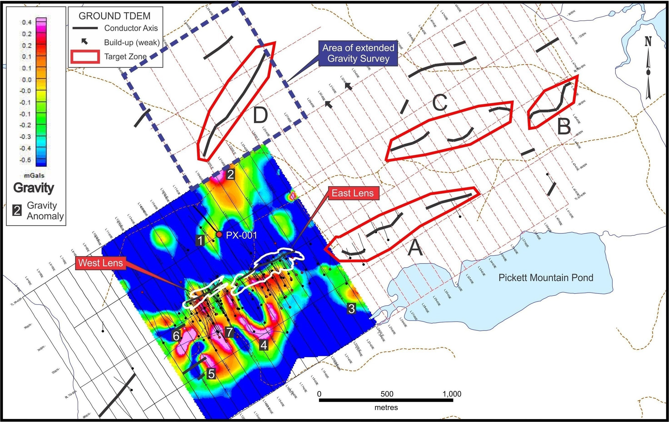 Figure 1.  Pickett Mountain Gravity and EM Survey Anomalies and Drill Targets (CNW Group/Wolfden Resources Corporation)