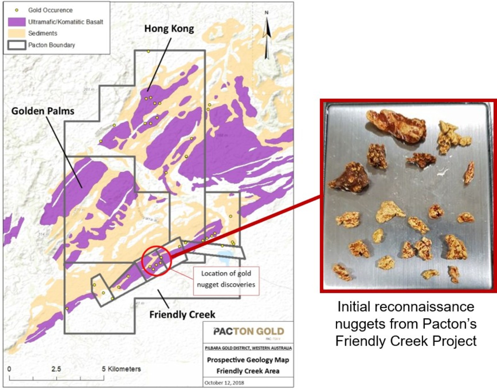 Figure 2. Friendly Creek and adjacent Pacton tenements. Mineralized Mesoarchean basal unit, Western Australia MINEDEX gold occurrences, and location of recent gold nugget discoveries.