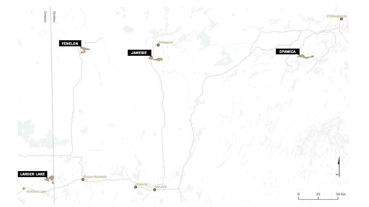 Figure 3: Newly acquired Larder Lake, Jamsie, SW Fenelon and Opawica claim blocks in northeastern Ontario and northwestern Quebec with major population centres and highways (CNW Group/Trillium Gold Mines Inc.)