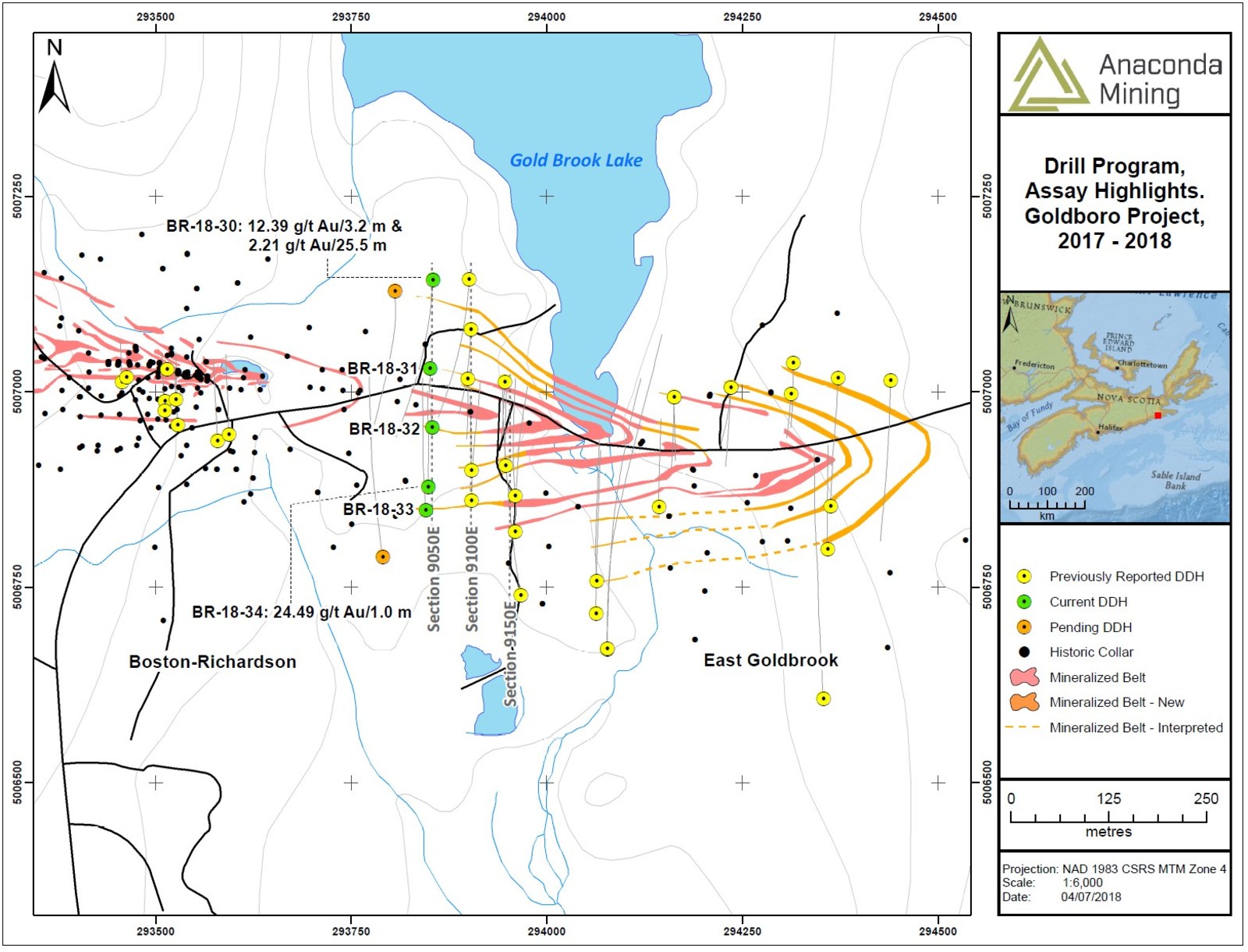 Exhibit A. A map showing the location of section 9050E, 9100E and 9150E as well as associated drill collars and select assay highlights from recent drilling.