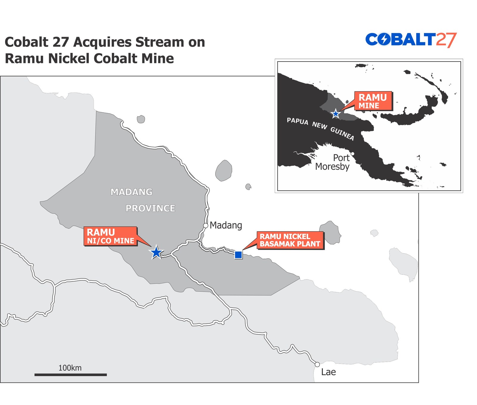 Cobalt 27 Acquires a Cash Flowing Cobalt-Nickel Stream on Producing Ramu Nickel-Cobalt Mine for US$113 Million. This regional map shows the location of the Ramu mine.