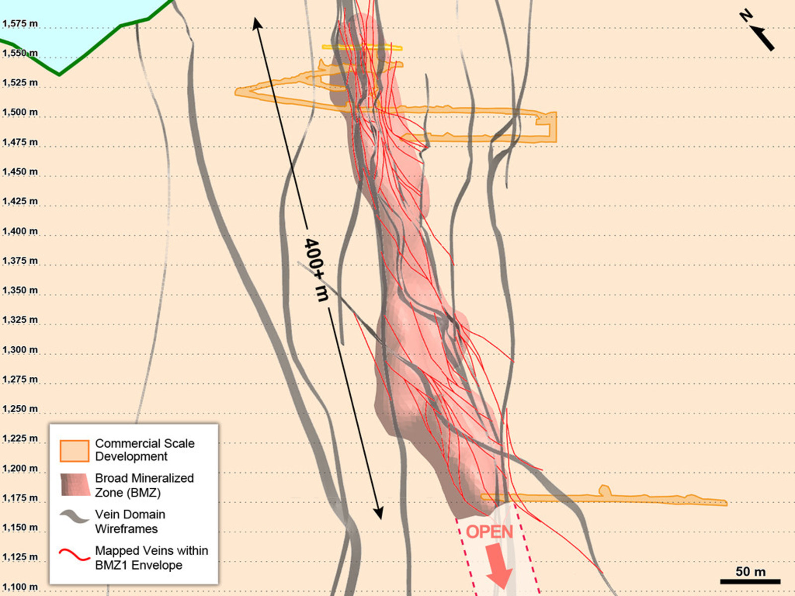 Figure 1 – Section Combining Modelled and Mapped Veins within BMZ1