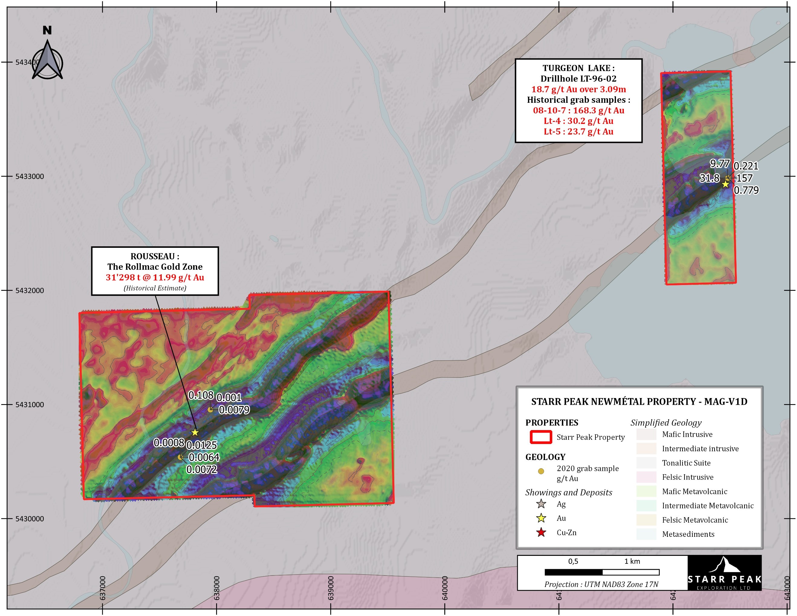 Figure 2: Rousseau gold property and Turgeon Lake gold property with 2020 grab samples location and high-resolution drone Mag survey - first vertical derivative (CNW Group/Starr Peak Exploration Ltd.)