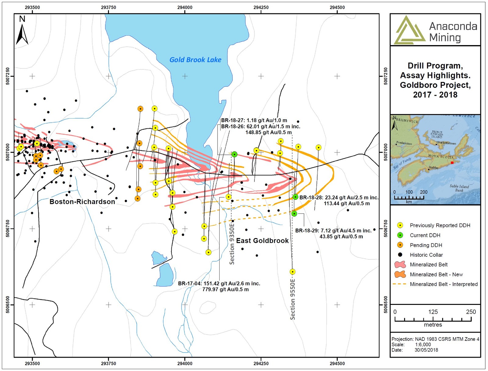 Exhibit A.  A map showing the location of section 9350E and 9550E and the associated drill collars and assay highlights within the EG Gold System.