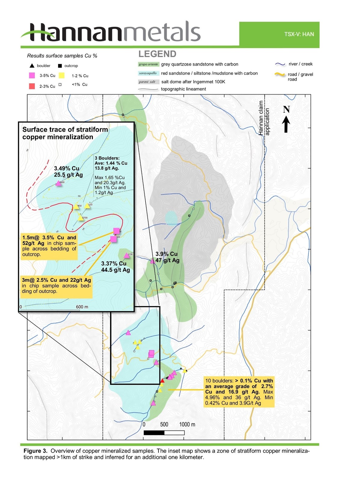 Figure 3. Overview of copper mineralized samples. The inset map shows a zone of stratiform copper mineralization mapped >1km of strike and inferred for an additional one kilometer.