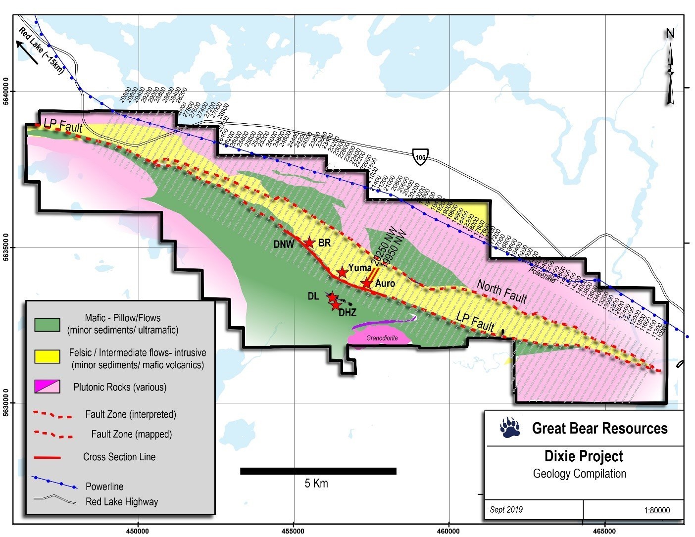 Figure 2: Locations of drill fences which returned the latest assay results are shown along the 20 kilometres of the LP fault.  Approximately 18% of the LP Fault has been drilled to-date. (CNW Group/Great Bear Resources Ltd.)