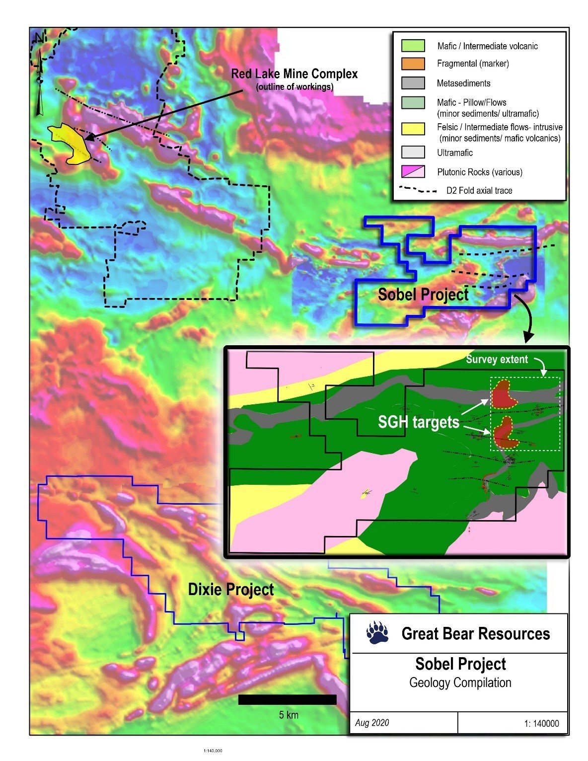 Figure 3: Regional geophysics (airborne magnetic total field data shown) illustrating on strike continuation of stratigraphy from the Red Lake Gold Mine to the Sobel Property, and regional folding. Inset same as Figure 2. (CNW Group/Great Bear Resources Ltd.)