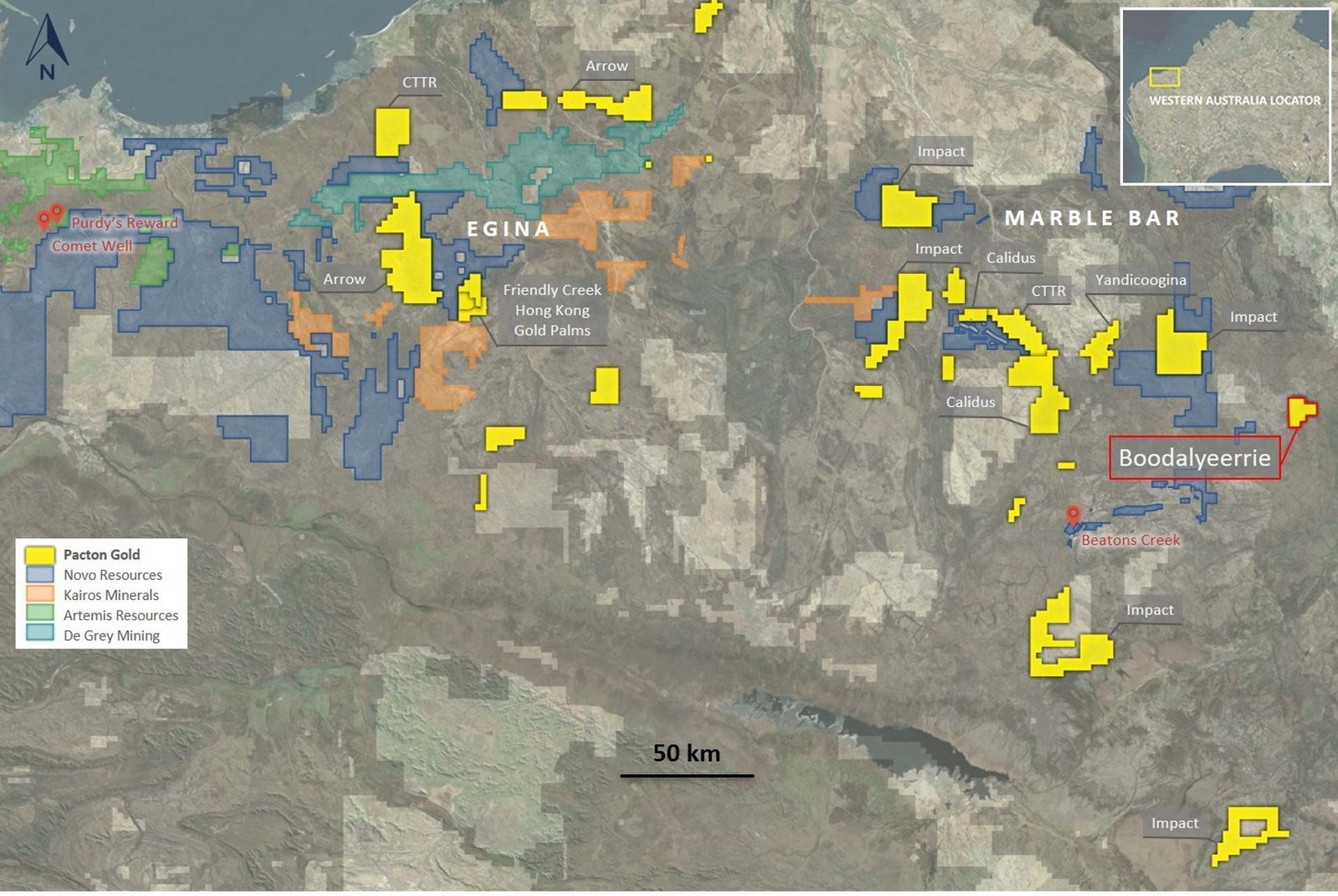 Figure 1.  Location of Pacton Pilbara holdings, showing Boodalyerrie tenement.