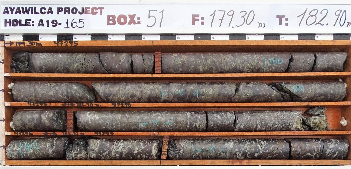 Figure 2.  Drill core photographs from the interval in A19-165 grading 18.9% zinc, 42 g/t silver, 0.5% lead, & 584 g/t indium over 7 metres from 178.4 metres. Various phases of zinc sulphides are noted by red-purple-brown hues. (CNW Group/Tinka Resources Limited)