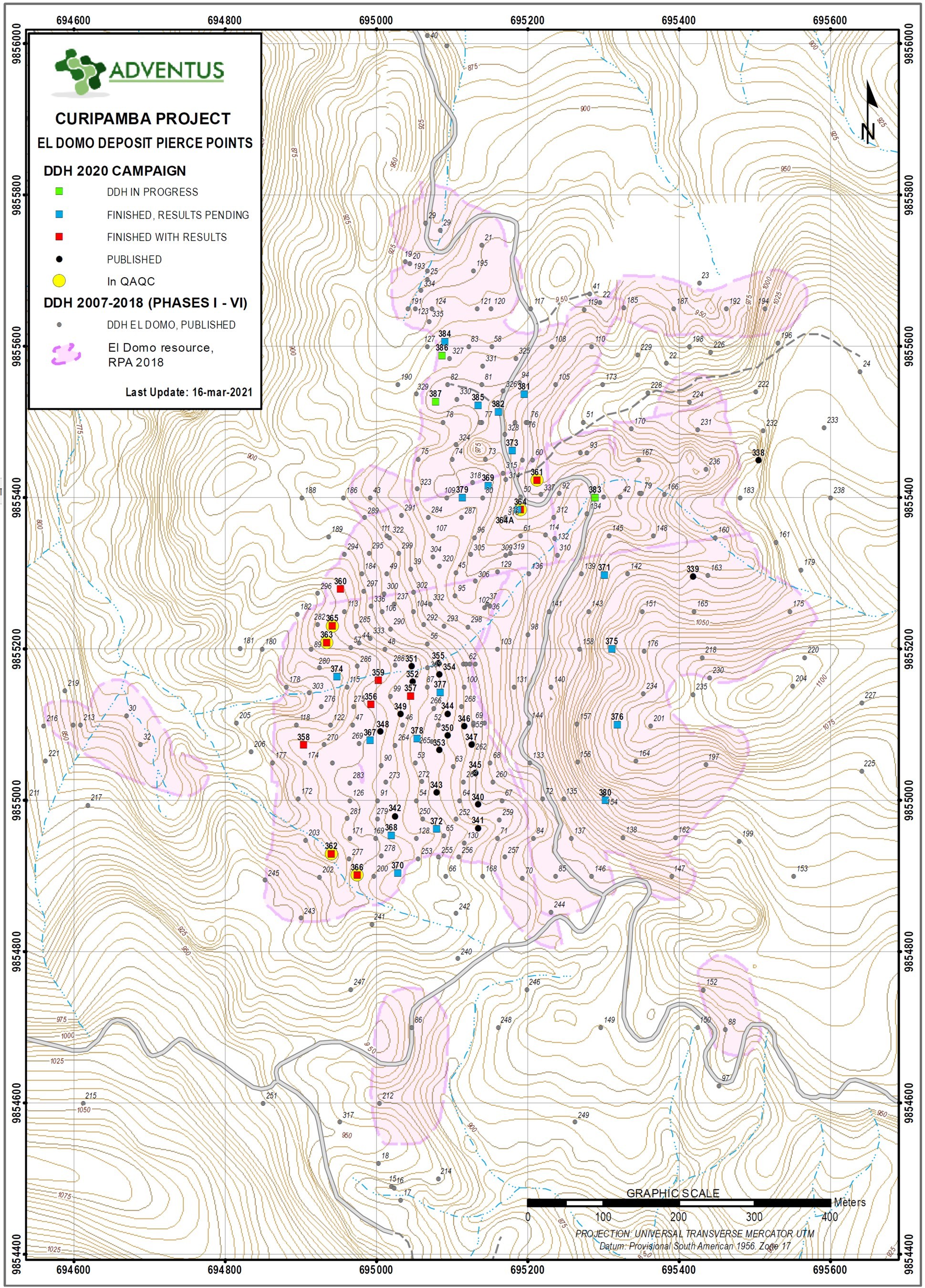 El Domo - Plan Map Drill Collar Locations as at March 16, 2021 (see News Release) (CNW Group/Adventus Mining Corporation)