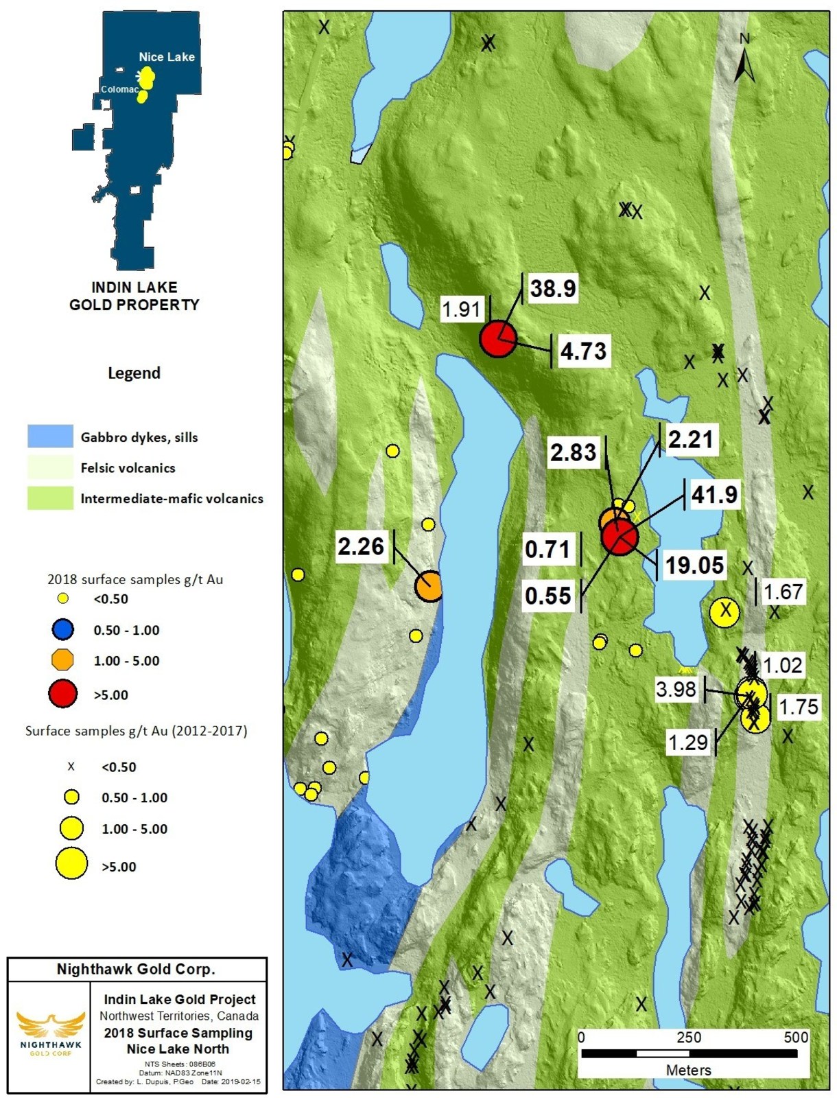 Figure 3. Nice Lake North Sample Location Map and Select Surface Sample Results