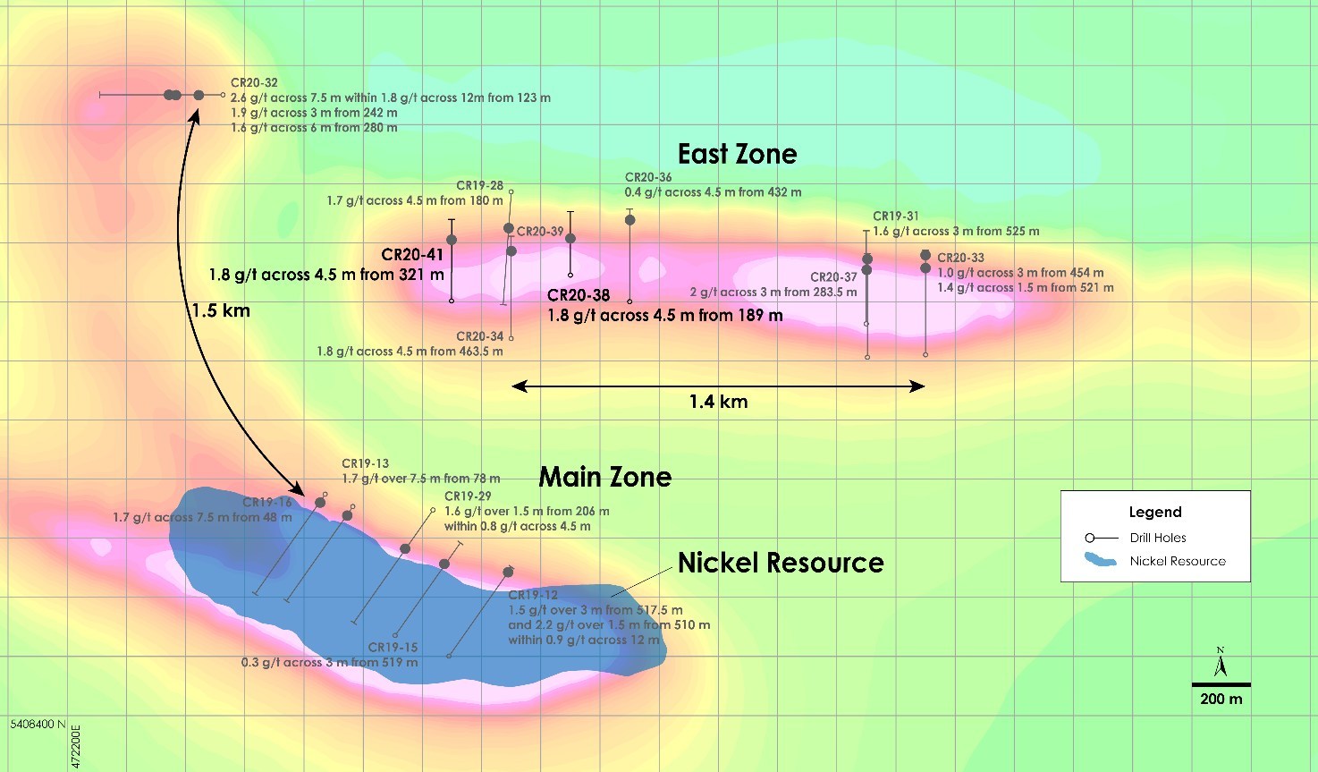 Figure 3 – Plan view of PGM Zone - Recent drilling overlain on total field magnetic intensity, Crawford Nickel-Cobalt Sulphide Project, Ontario. (CNW Group/Canada Nickel Company Inc.)