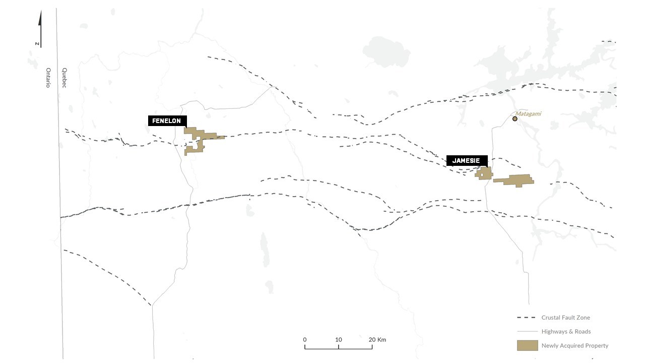 Figure 7: The recently acquired SW Fenelon and Jamesie properties relative to major structures and water bodies (CNW Group/Trillium Gold Mines Inc.)