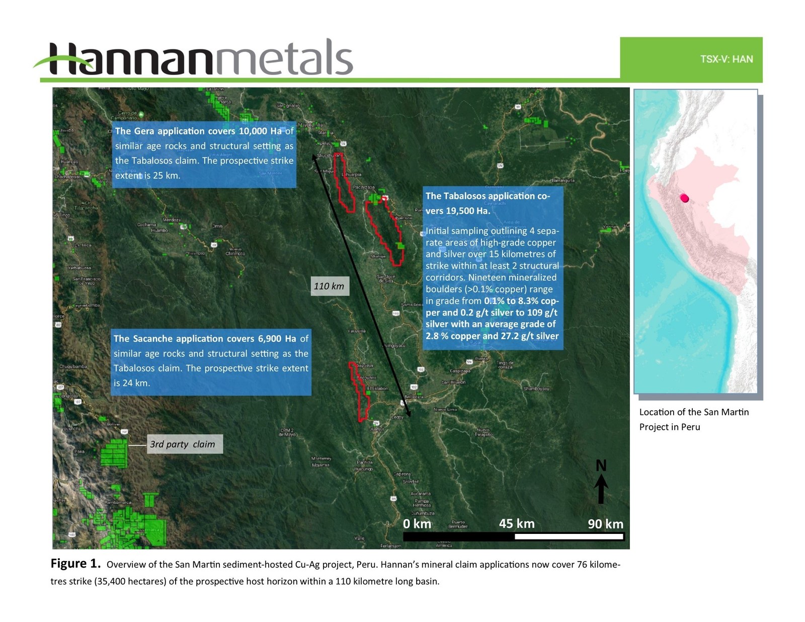 Figure 1. Overview of the San Martin sediment-hosted Cu-Ag project, Peru. Hannan's mineral claim applications now cover 76 kilometres strike of the prospective host horizon within a 110 kilometre long basin.