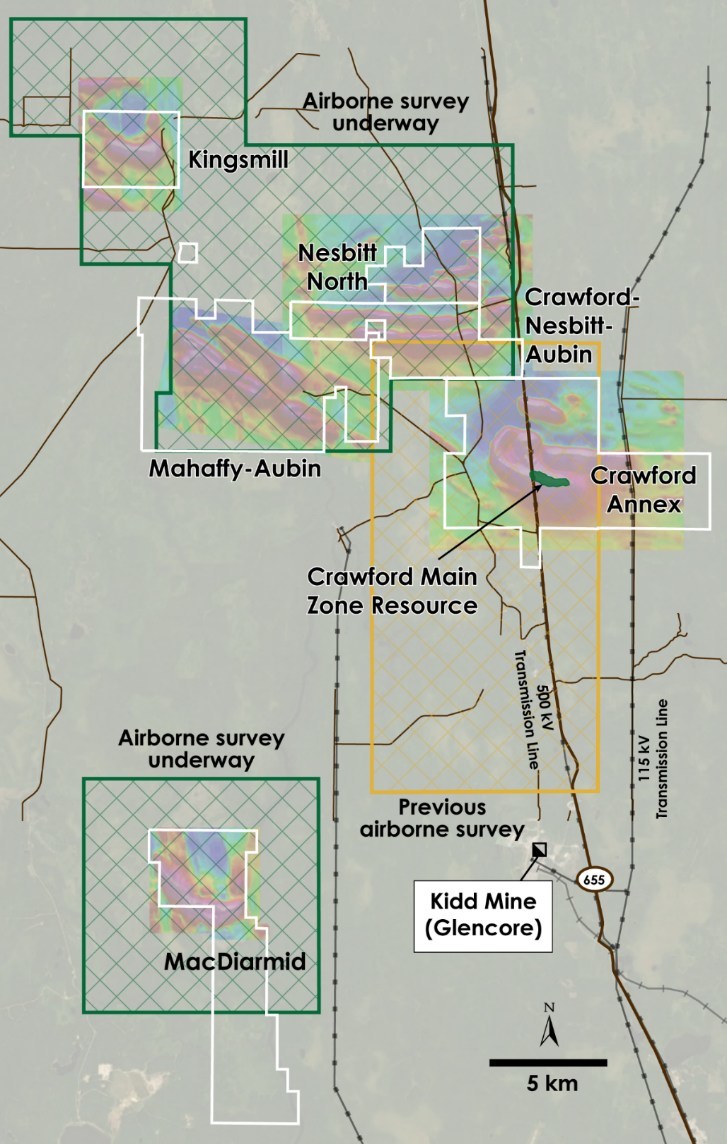 Figure 6 - Planned and Previous Airborne Geophysical Survey Areas over Crawford, Kingsmill, Nesbitt-Aubin, Nesbit North, MacDiarmid and Mahaffy-Aubin Properties, Ontario (CNW Group/Canada Nickel Company Inc.)