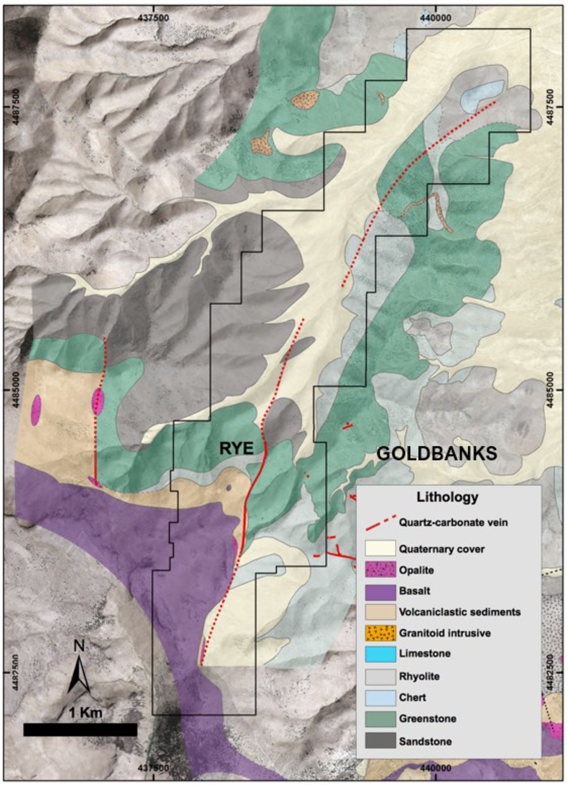 Figure 6: Geological map showing the extension of the Rye Vein and the vicinity to Goldbanks Property.