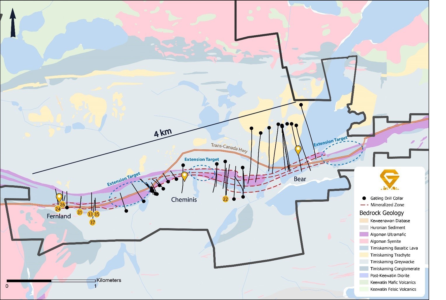 Figure 2. Gatling Exploration 2019 drill plan map highlighting locations of recent drill holes at Fernland and showing extension drill target areas for the 2020 drill campaign. (CNW Group/Gatling Exploration Inc.)