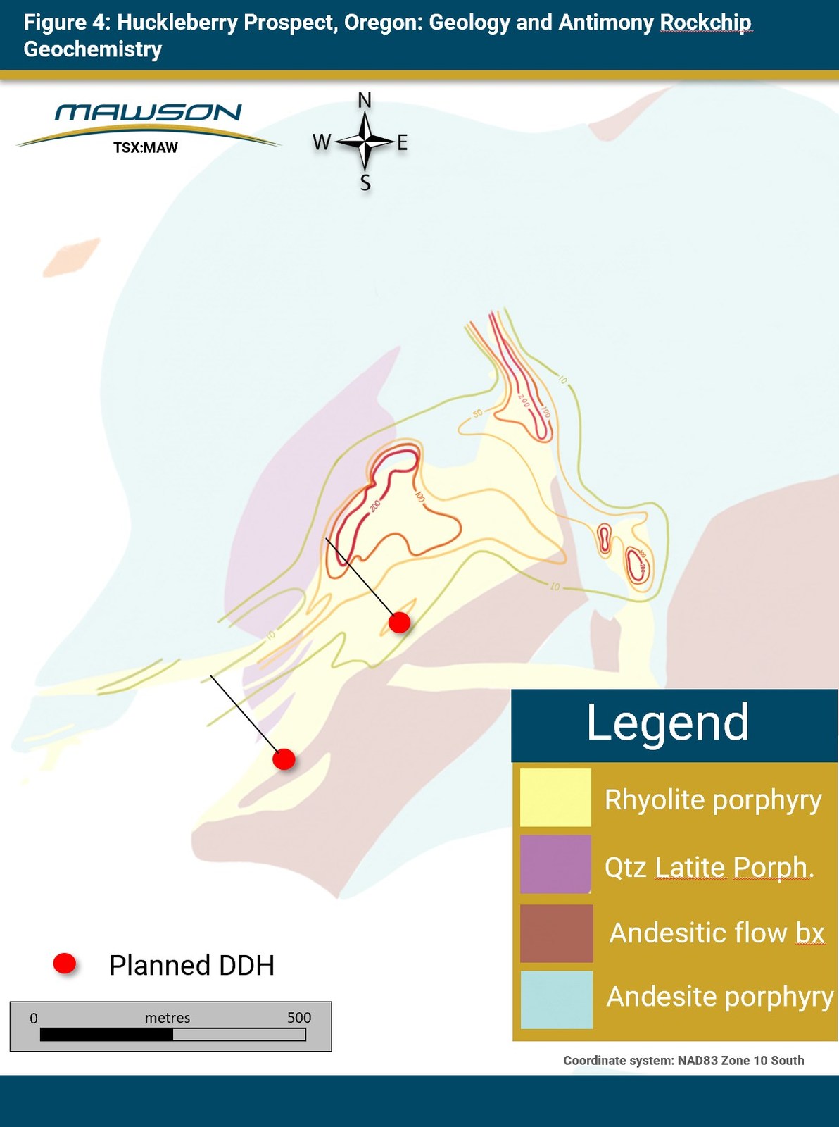 Figure 4: Huckleberry Prospect, Oregon: Geology and Antimony Rockchip Geochemistry