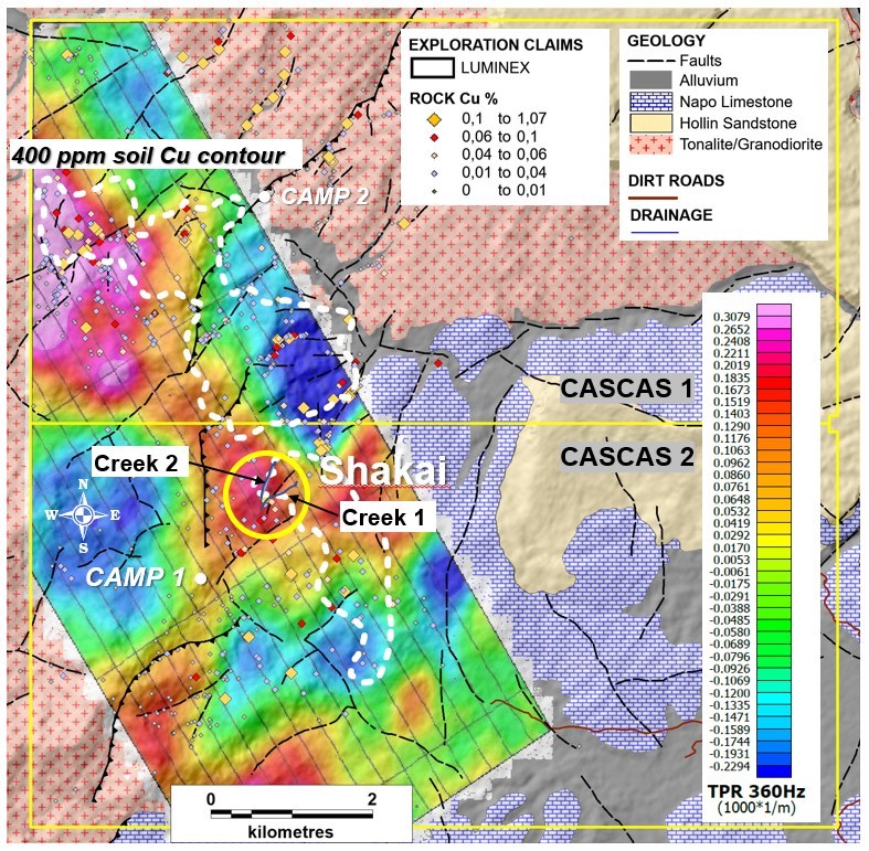 Figure 2. Property-scale ZTEM geophysics and soil sample grid geochemistry overlain on simplified geology. (CNW Group/Luminex Resources Corp.)