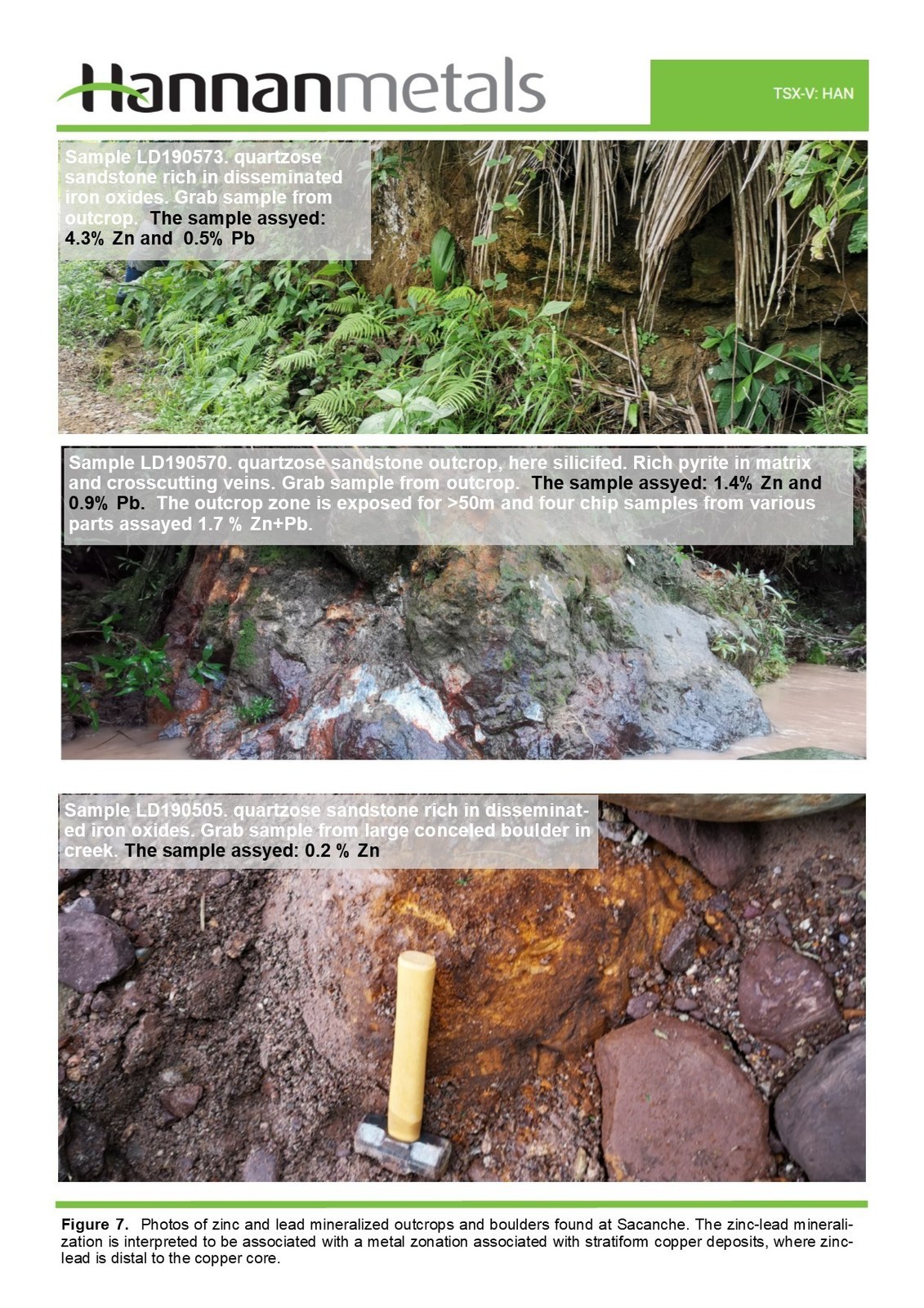 Figure 7. Photos of zinc and lead mineralized outcrops and boulders found at Sacanche. The zinc-lead mineralization is interpreted to be associated with a metal zonation associated with stratiform copper deposits, where zinc-lead is distal to the copper core.