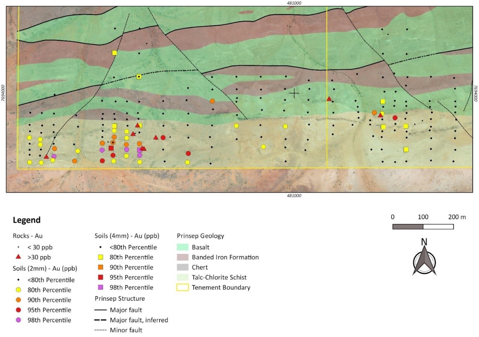 Figure 1: Prinsep South target area with rock and soil sampling.