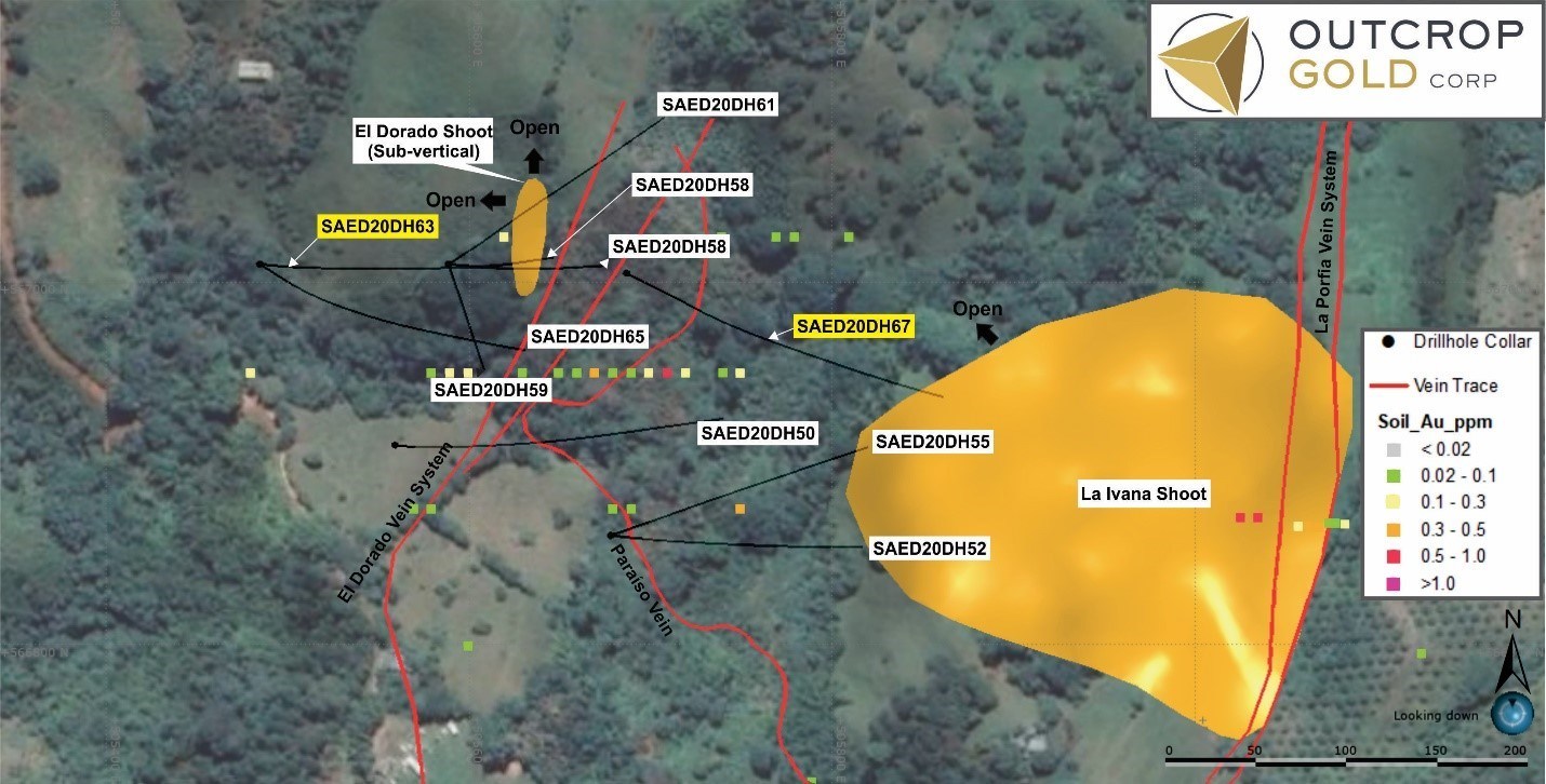 Map 2: Drill hole locations and projections in El Dorado and La Ivana areas. Assays are reported in Table 1 above. The target area includes the high-angle El Dorado veins system and the low-angle Paraiso vein.  La Ivana shoot and La Porfia vein system shown to east. DH52 and 53 intersect both the Paraiso vein near surface and La Ivana shoot at 350 metres down dip. (CNW Group/Outcrop Gold Corp.)