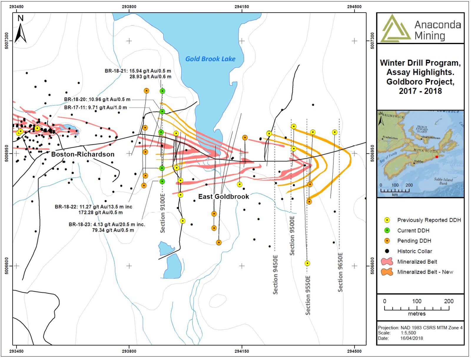 Exhibit A. A map showing the location of section 9100E and the associated drill collars and assay highlights.  The Goldboro deposit continues to the west of the map and includes the West Goldbrook Gold System and is 1.7 km in strike length.