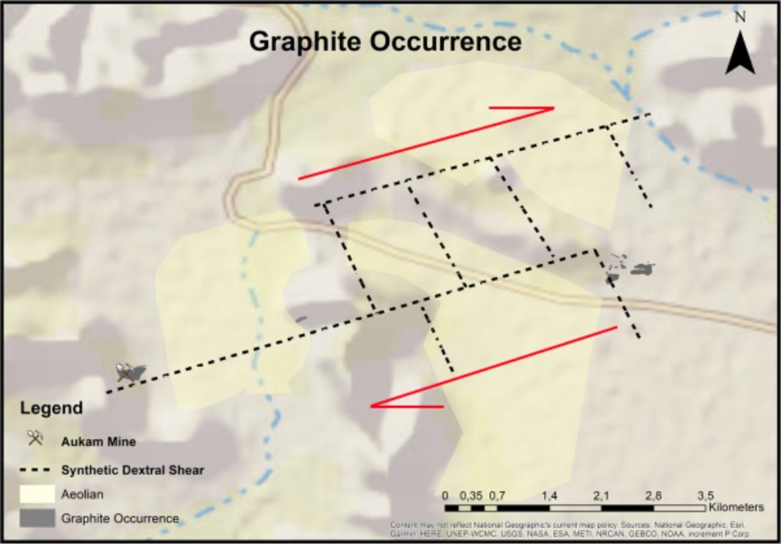 The following map displays the Synthetic Dextral Shear and the Graphite Occurrence at the Aukam Mine.