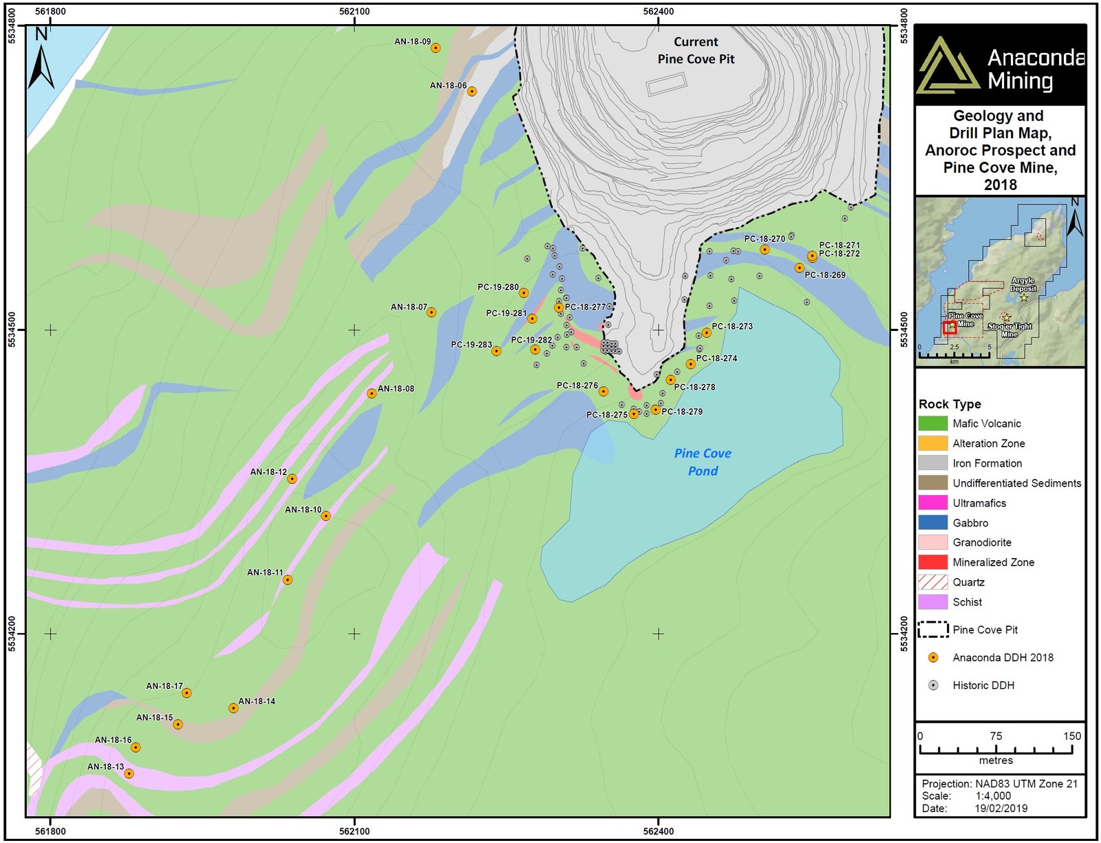 Exhibit A. A map showing the location of all drill holes drilled as part of the Drill Program in the Pine Cove Area.