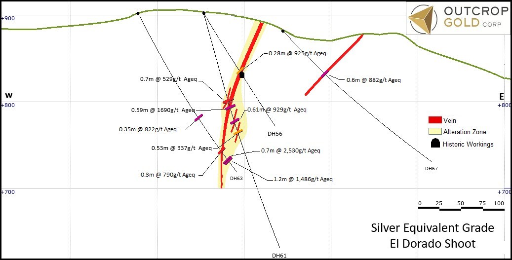 Section 1: Composite cross section of El Dorado veins. Intercepts in assay table above. Dorado shoot continues along strike as a package of multiple closely spaced veins. DH67 intercepts the low angle Paraiso vein that can be traced for 600 metres to where is hosts the Megapozo shoot. (CNW Group/Outcrop Gold Corp.)
