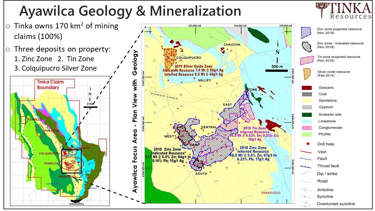 Figure 4.  Regional Geology Map highlighting some of the zinc targets within the Ayawilca Property (CNW Group/Tinka Resources Limited)