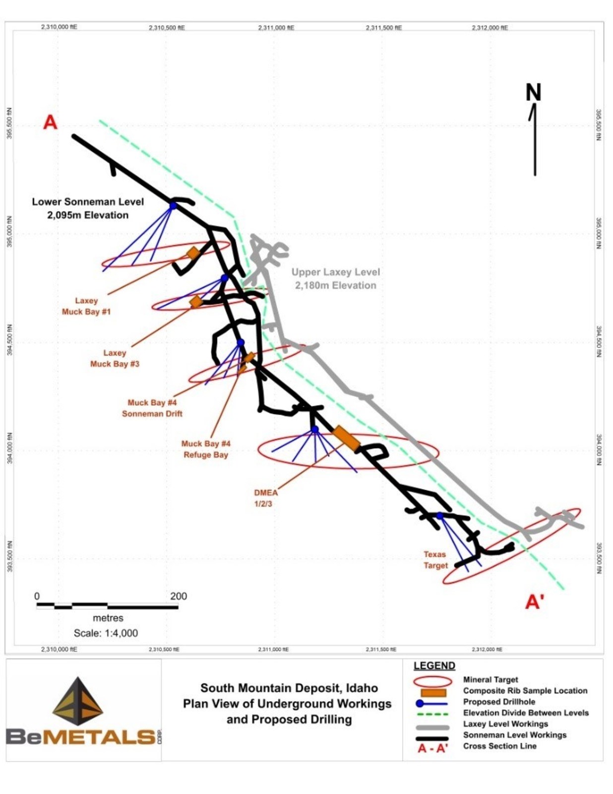 Figure 1: Plan View of the Sonneman & Laxey Levels, South Mountain Deposit