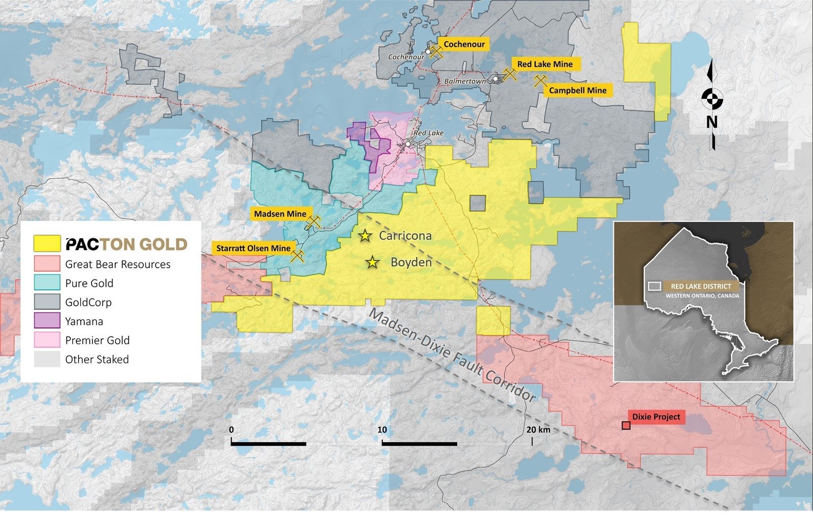 Figure 1. Pacton Gold’s Red Lake Gold Project claim map showing other active projects and the Madsen-Dixie fault corridor.