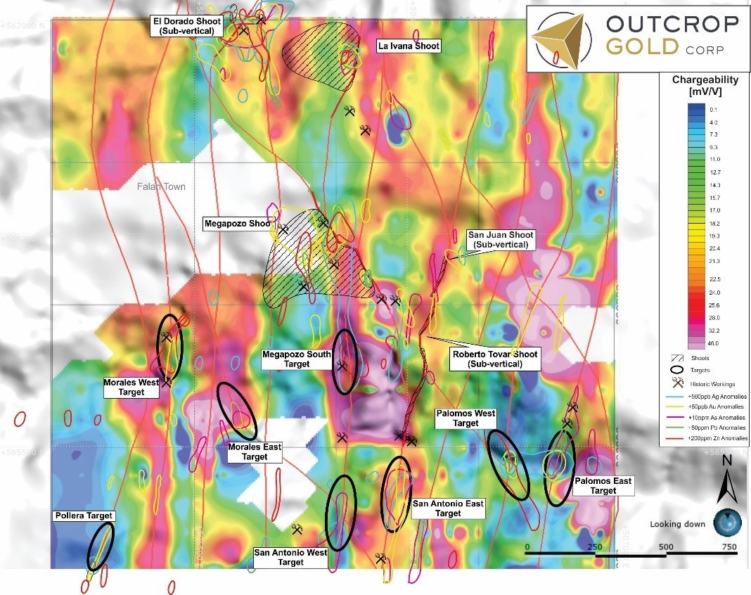 Map 2: IP response, geochem and targets. The San Juan and Roberto Tovar shoots correlate well with Chargeability (induced polarization (IP)) lineaments. IP anomalies probably reflect broader alteration zones consisting of disseminated sulfides, clays and carbon that locally contain vein zones. North-northeast lineaments conform to predominant north-northeast vein trends, more subtle patterns also conform less dominant northwest trends. (CNW Group/Outcrop Gold Corp.)