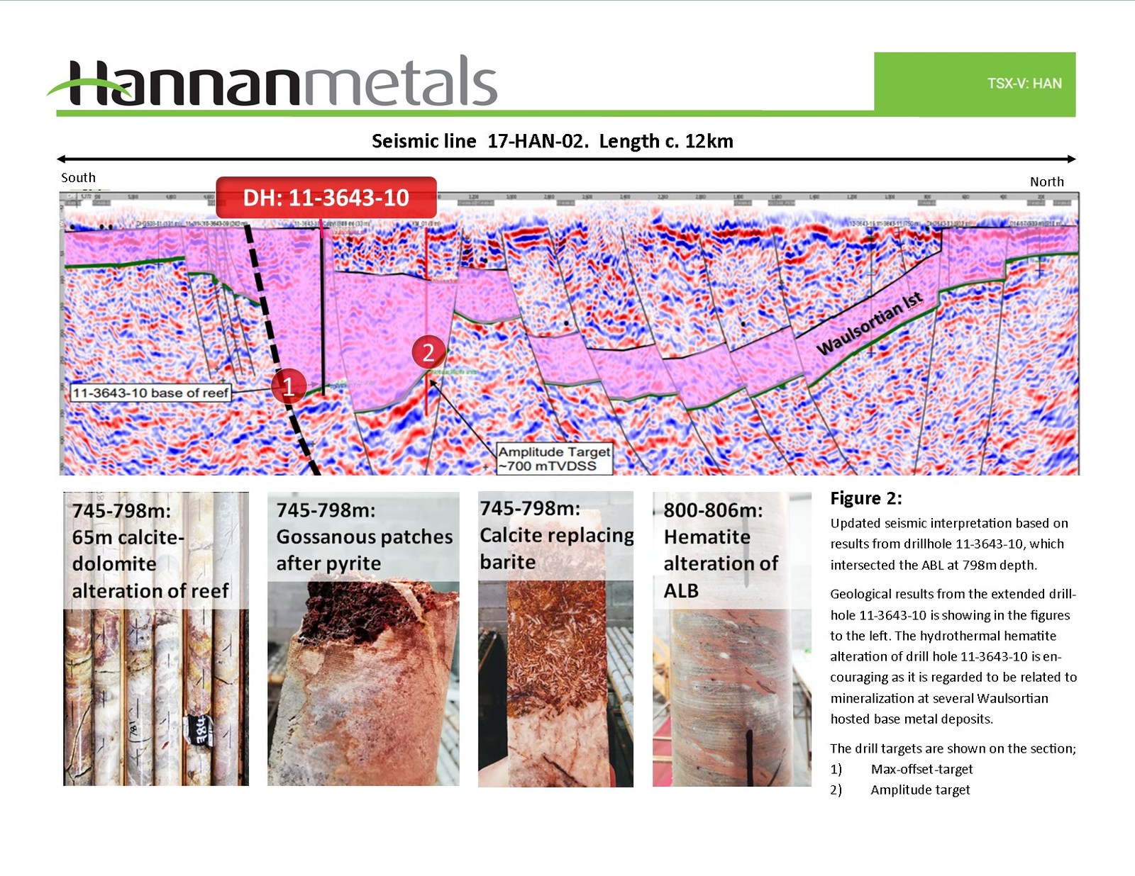 Figure 2: Updated seismic interpretation based on results from drillhole 11-3643-10, which intersected the ABL at 798m depth. 

Geological results from the extended drill-hole 11-3643-10 is showing in the figures to the left. The hydrothermal hematite alteration of the drill hole 11-3643-10 is encouraging as it is regarded to be related to mineralization at several Waulsortian hosted base metal deposits. 

The drill targets are shown on the section;
 1) Max-offset-target
 2) Amplitude target