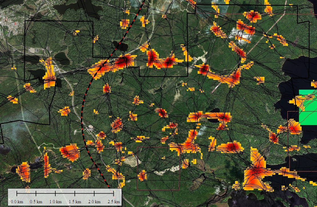 Figure 4. Magnetic and Lidar target map in the northeastern part of Pacton’s main claim group, immediately southeast of the town of Red Lake. Black lines indicate the centers of 800 m, 400 m, 200 m, and 100 m frequency structures. The red and orange zones indicate areas of higher fracture density which are prioritized for exploration. (CNW Group/Pacton Gold Inc.)