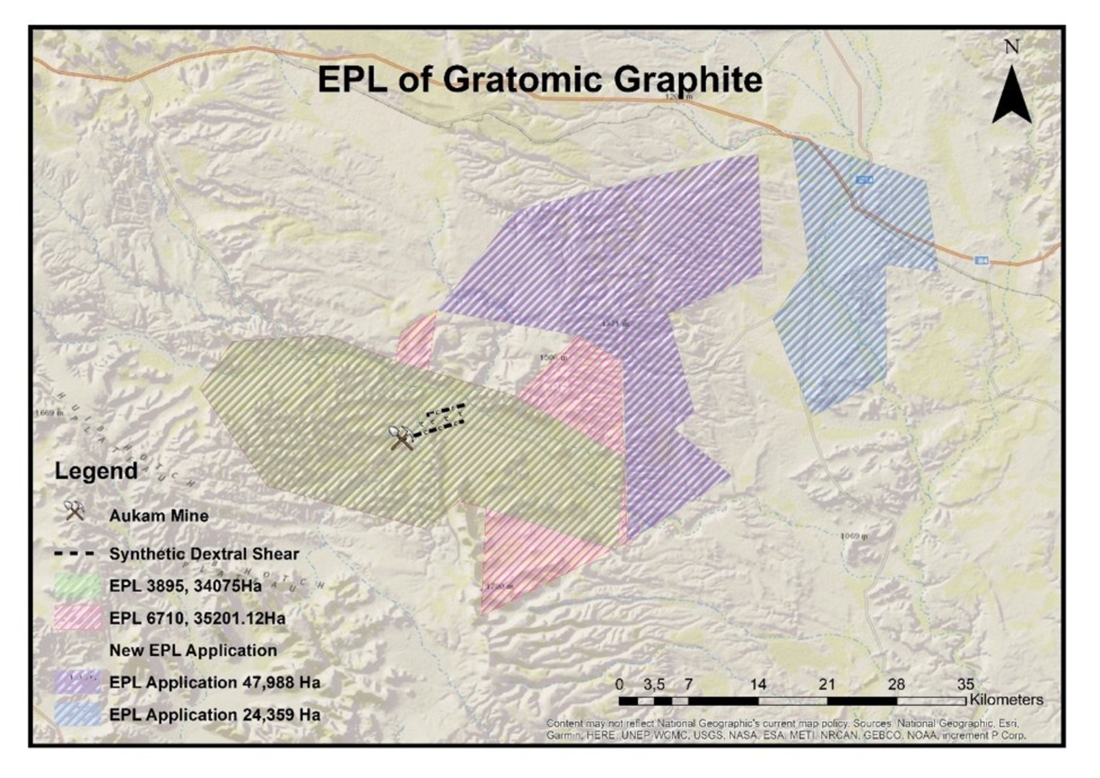 The following map displays the current Aukam Mine as well as locations of the new EPL Applications.