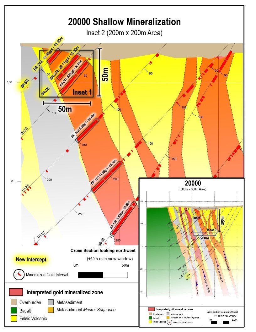 Figure 4:  Shallow gold results from drill section 20000.  200 x 200 m view. (CNW Group/Great Bear Resources Ltd.)